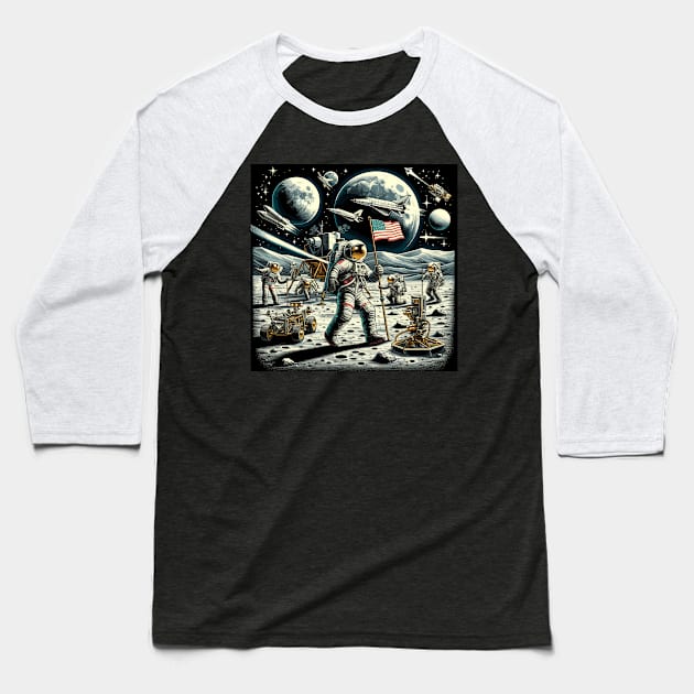 Moon Conquest: Retro Space Race Adventure Baseball T-Shirt by Graphic Wonders Emporium